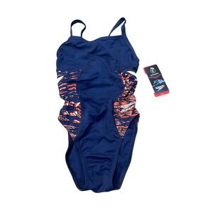 Speedo endurance + red white navy 26 women girl flyback racing cut swimsuit team
